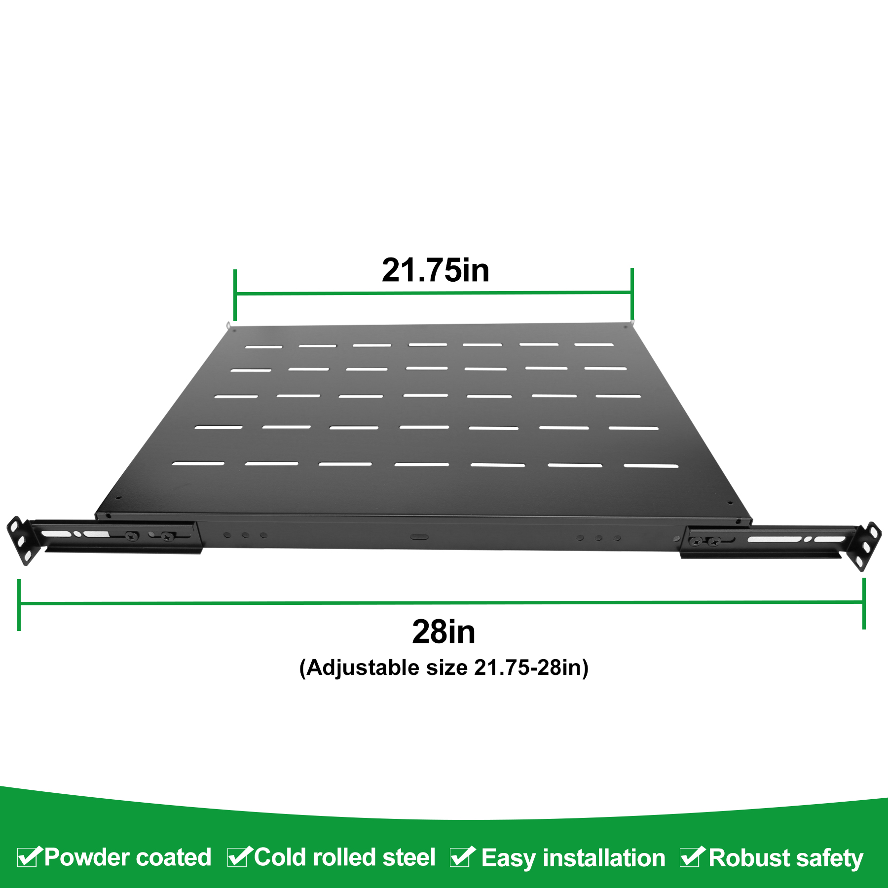 1U 4 Post Adjustable Vented Server Rack Mount Shelf 21.75 to 28inch