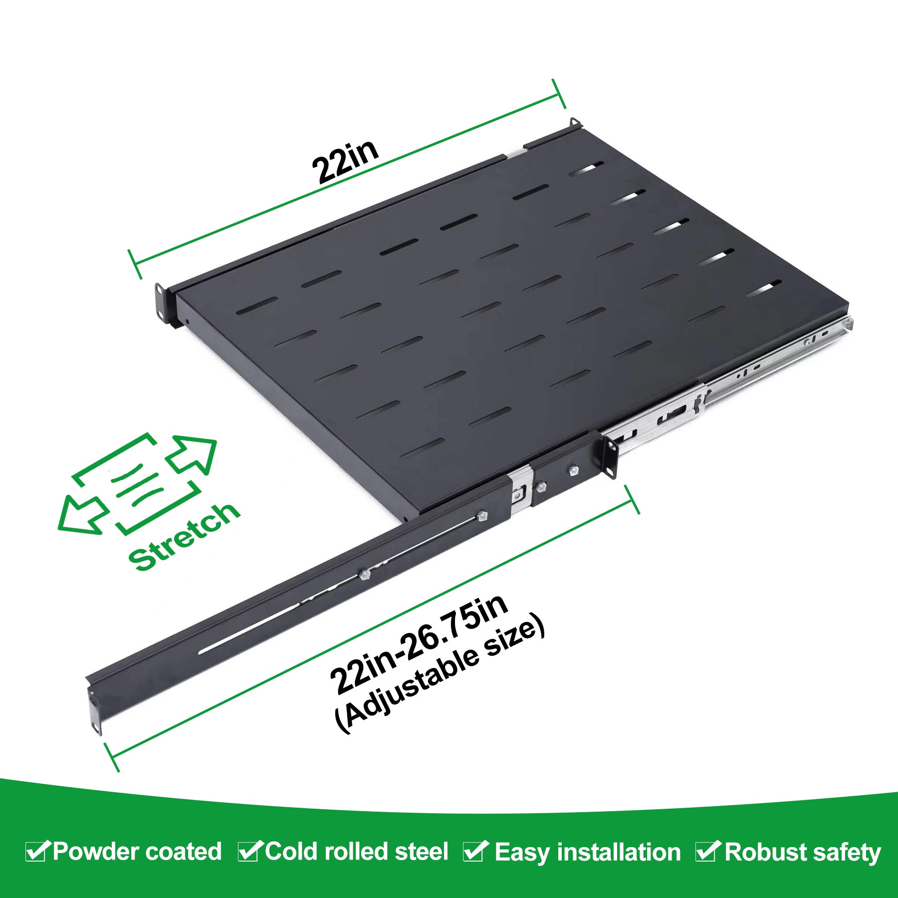 1U Sliding Shelf Tray 4 Post Rack Mount Adjustable Depth 22 to 26.75inch