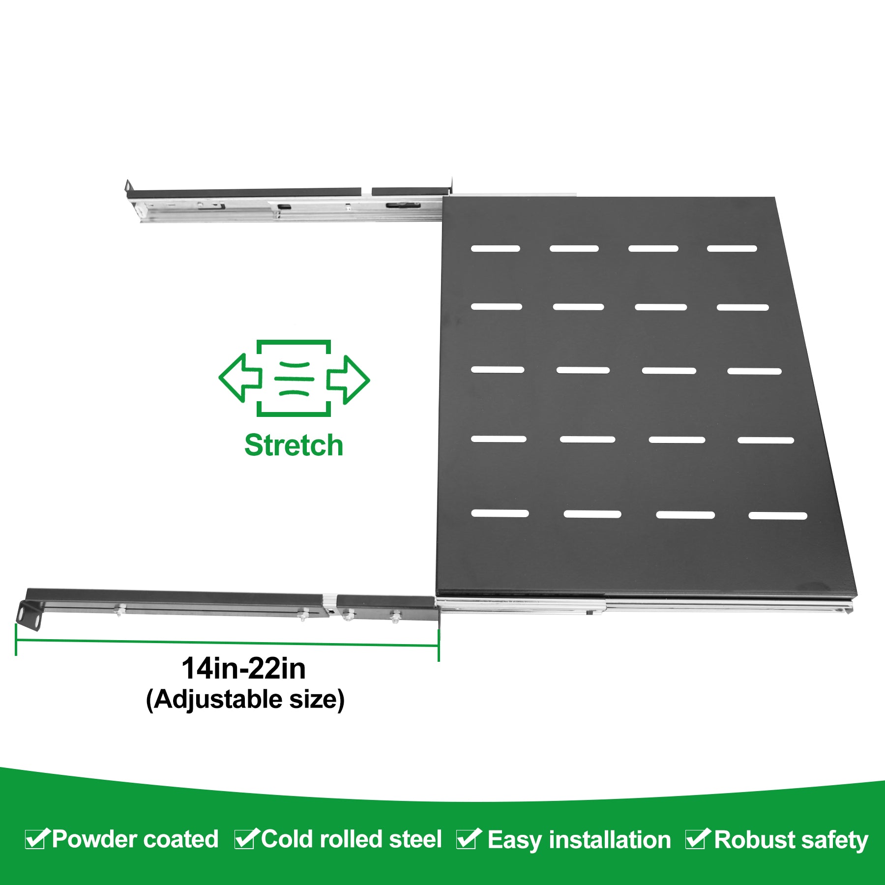 1U Sliding Shelf Tray 4 Post Rack Mount Adjustable Depth 14 to 22inch
