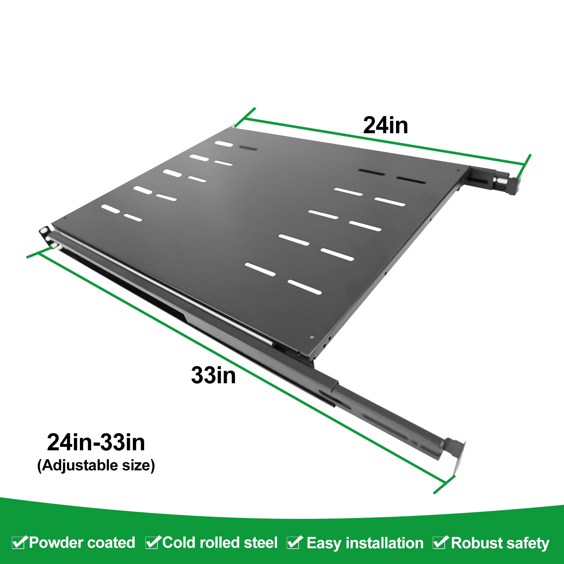 1U Sliding Shelf Tray 4 Post Rack Mount Adjustable Depth 23.75 to 34inch